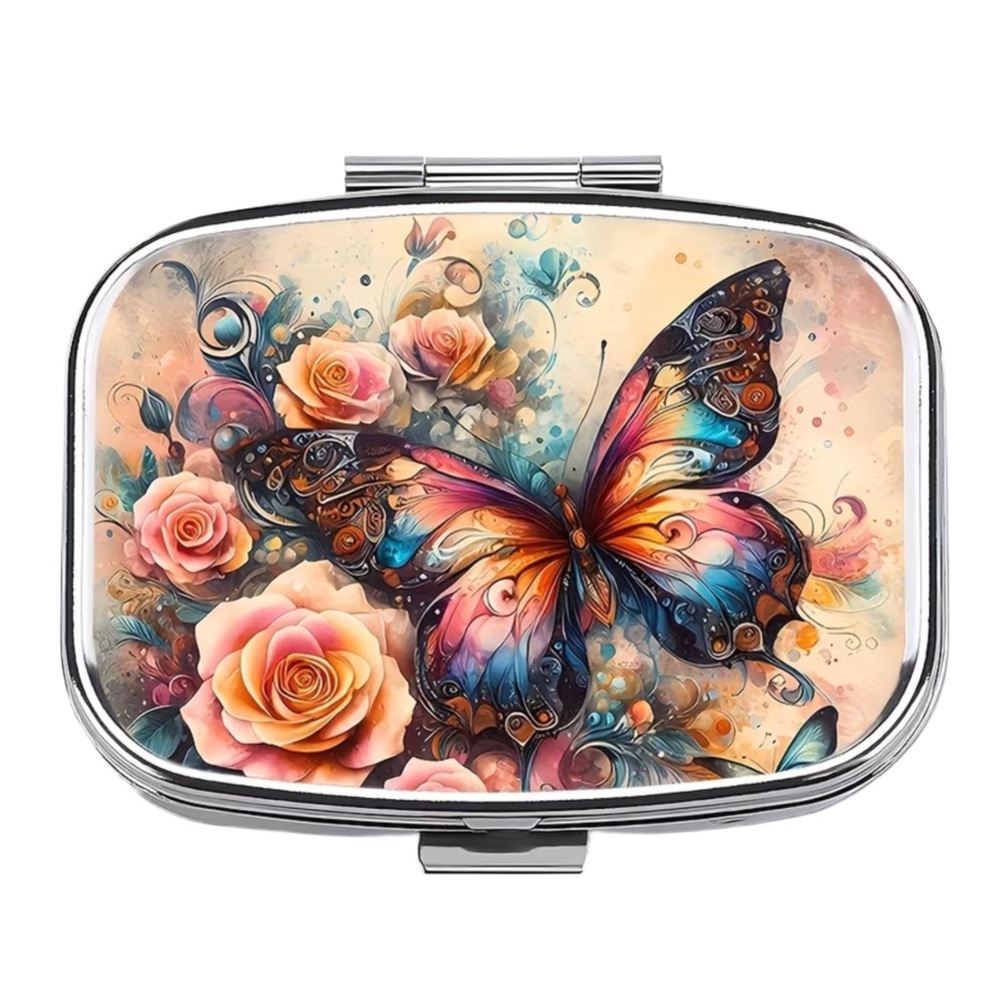 Whimsical Butterfly Peach Roses Multi-Use Mirrored Pill Box Container